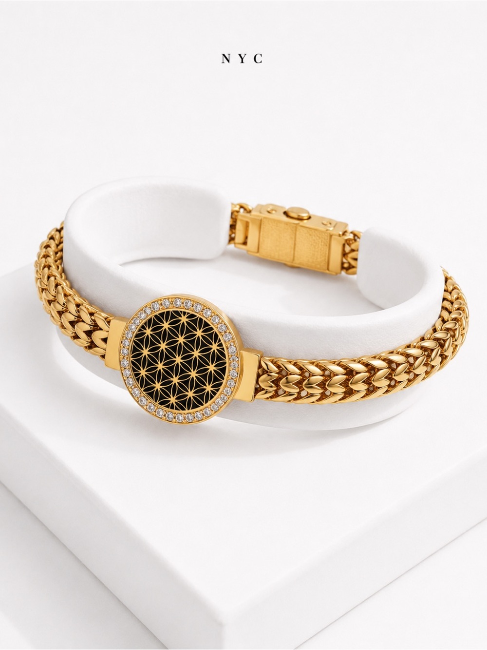 Gold Braided Chain Bracelet with Black Geometric Medallion